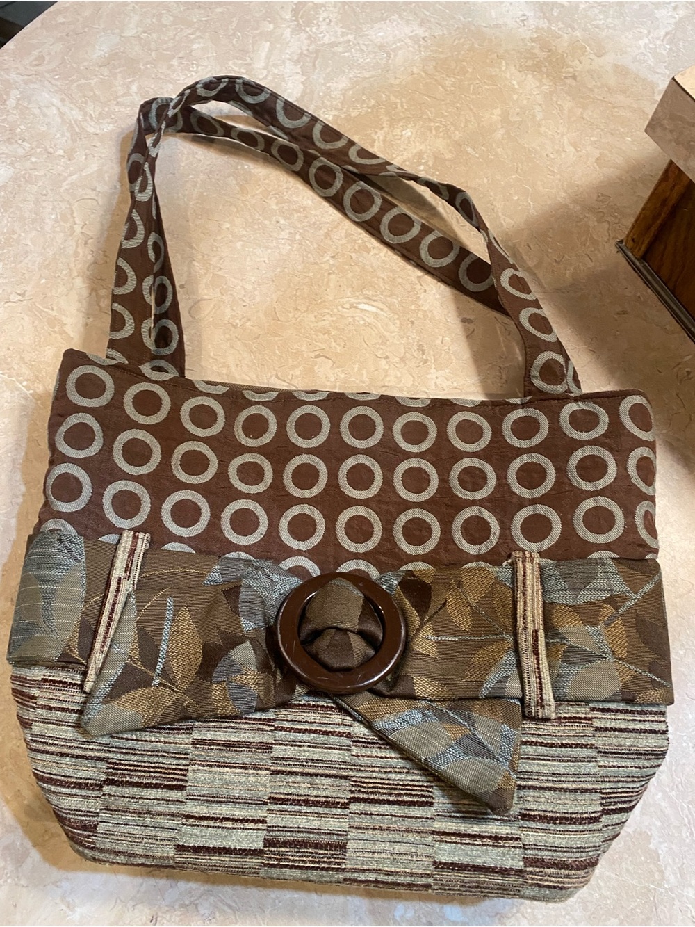 Brown Patterned Shoulder Bag with Decorative Buckle Accent